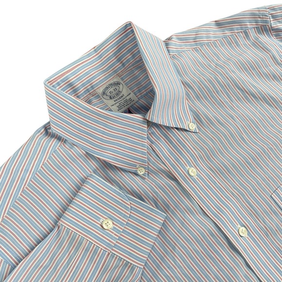 Brooks Brothers Shirt Mens 15-33 Blue Red Stripe Regent Long Sleeve Button Down - Picture 1 of 10